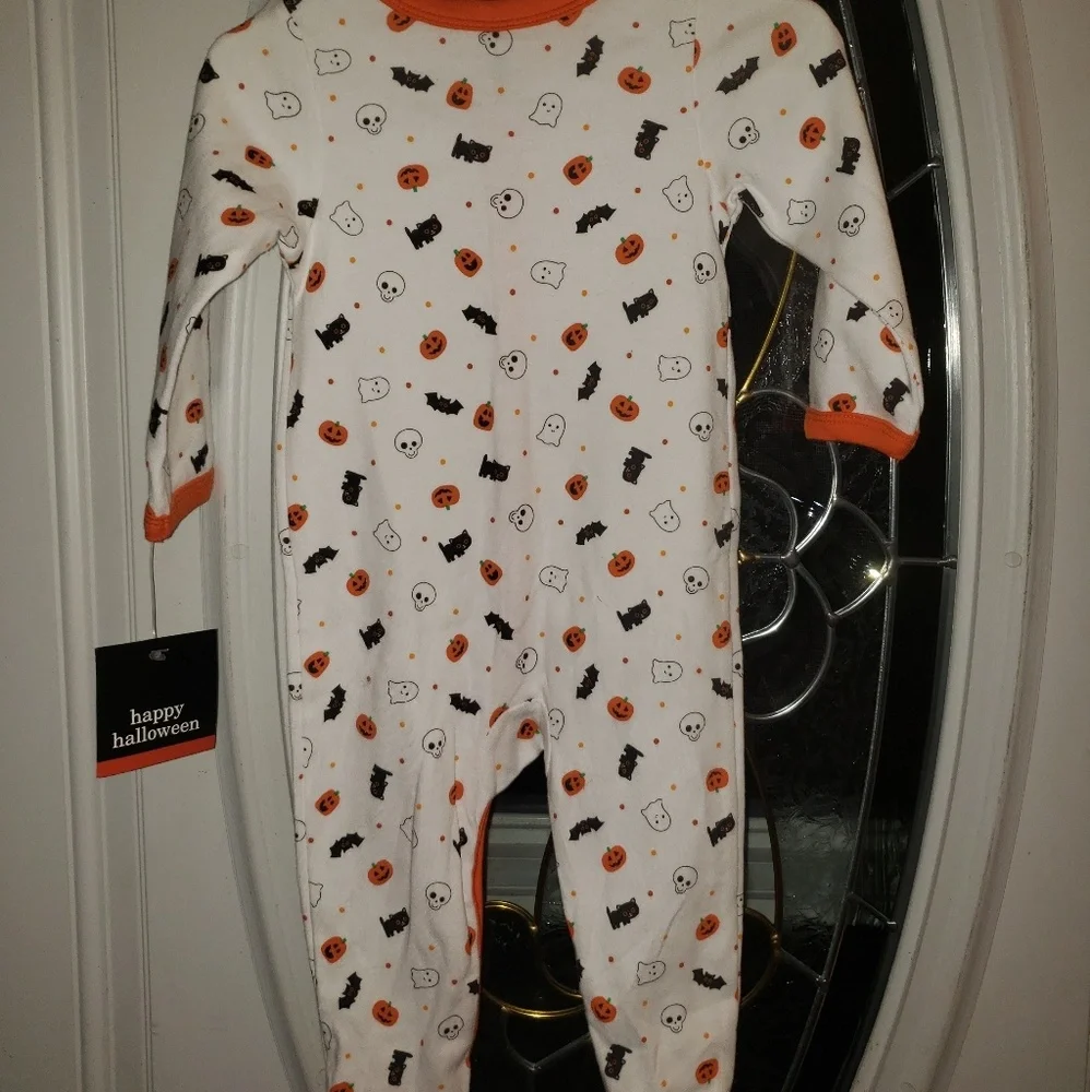 Halloween Baby Footed Sleeper - White & Orange Pumpkin Print